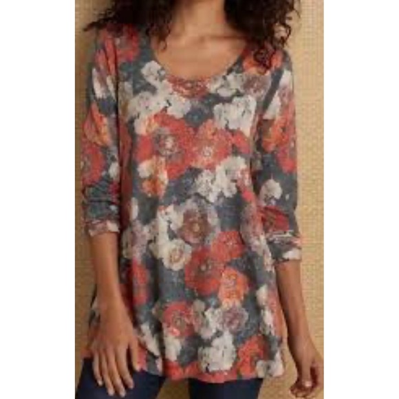 Soft Surroundings Tunic Top Women's S Gray/Red Floral Knit Boho Prairie Fairy US - Picture 4 of 9